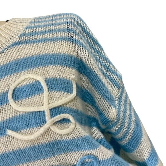 Vintage 1980s Blue & White Striped Handmade Knit Mockneck Sweater Oversized M/L - Picture 3 of 12